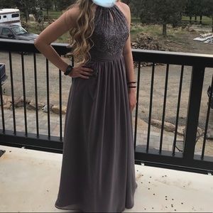 Grey Prom Dress Floor Length Padded Built-in Bra Halter Neck Open Back